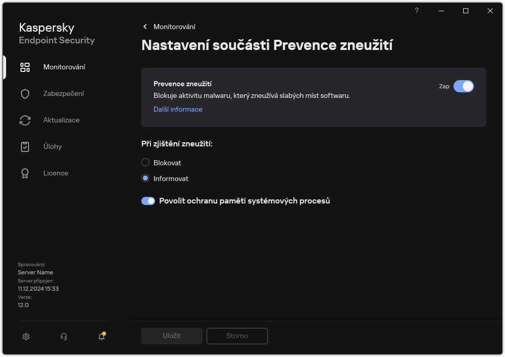 Okno nastavení součásti Prevence zneužití