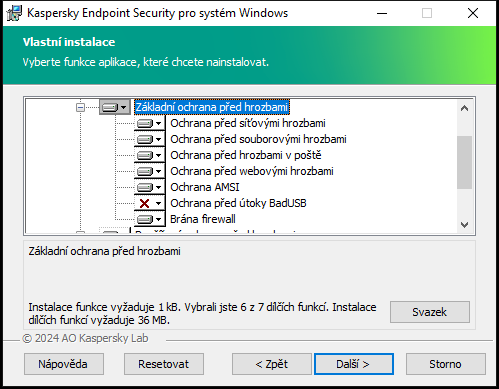 Okno instalačního programu se seznamem součástí, které si uživatel může vybrat.