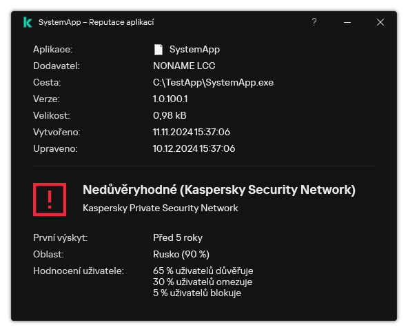 Okno obsahuje informace o reputaci souboru a další údaje, jako je přítomnost digitálního podpisu.