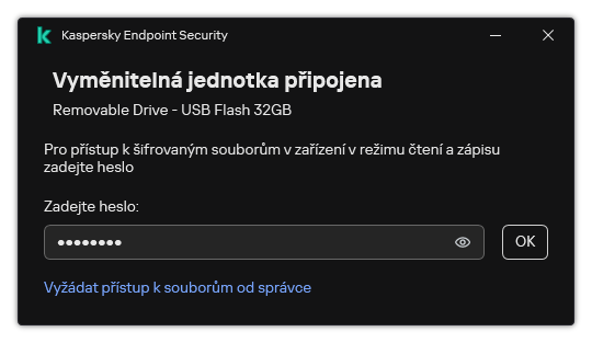 Okno obsahuje pole pro zadání hesla. Uživatel může vytvořit žádost o přístup k souboru.