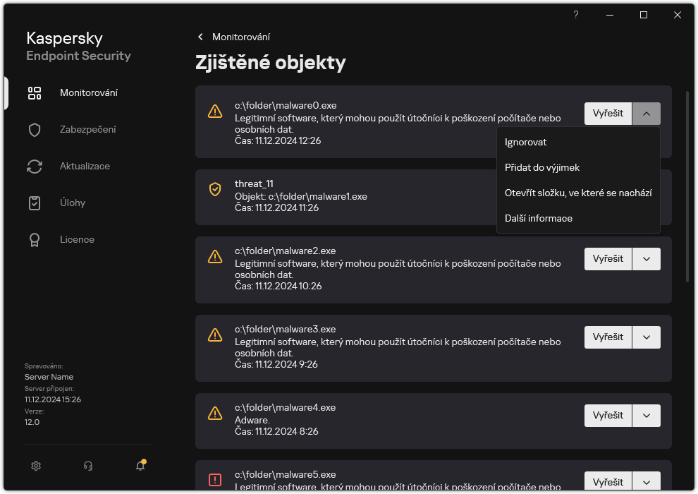 Okno se seznamem zjištěných objektů. Zobrazí se informace o objektu. Uživatel může objekt vyřešit nebo odstranit.