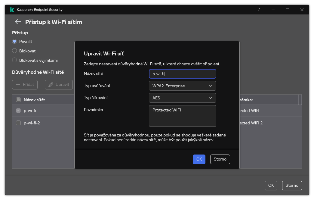 Okno obsahuje nastavení důvěryhodné Wi-Fi sítě.