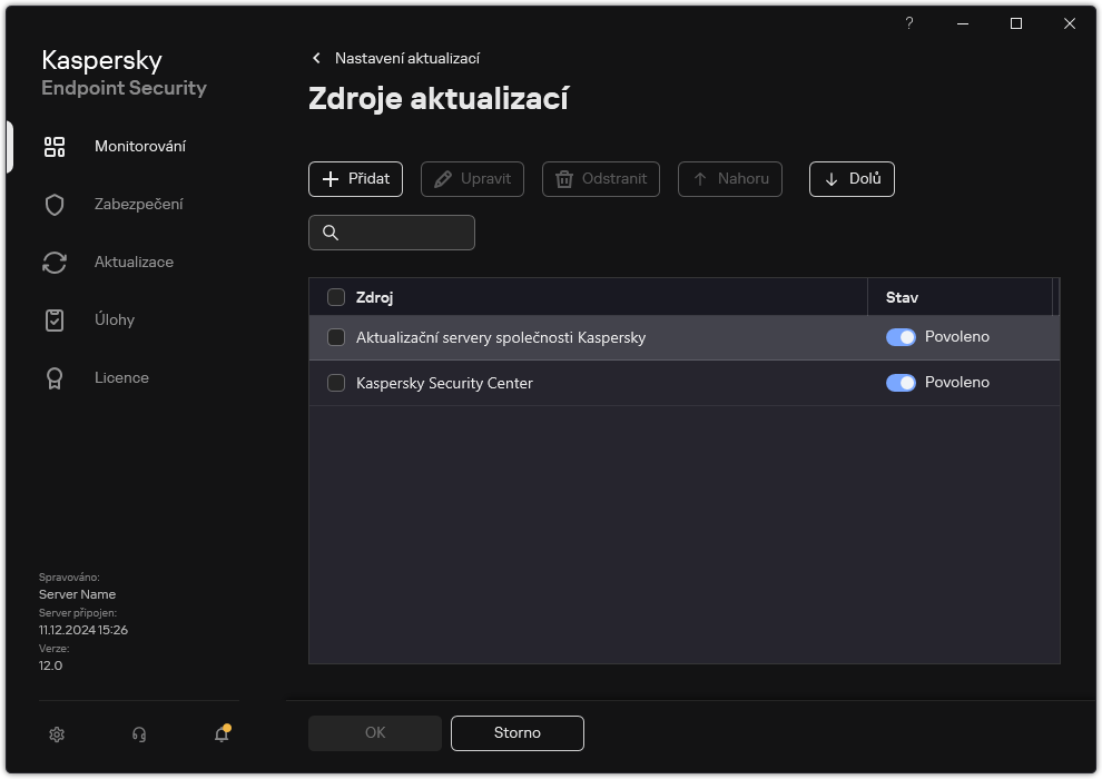 Okno se seznamem zdrojů aktualizací. Uživatel může přidat zdroje aktualizací a přiřadit zdroji prioritu.