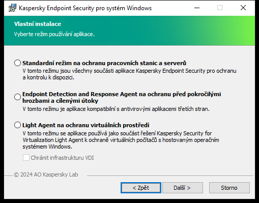 Instalační okno s konfigurací aplikace: všechny funkce, nebo Endpoint Detection and Response Agent.
