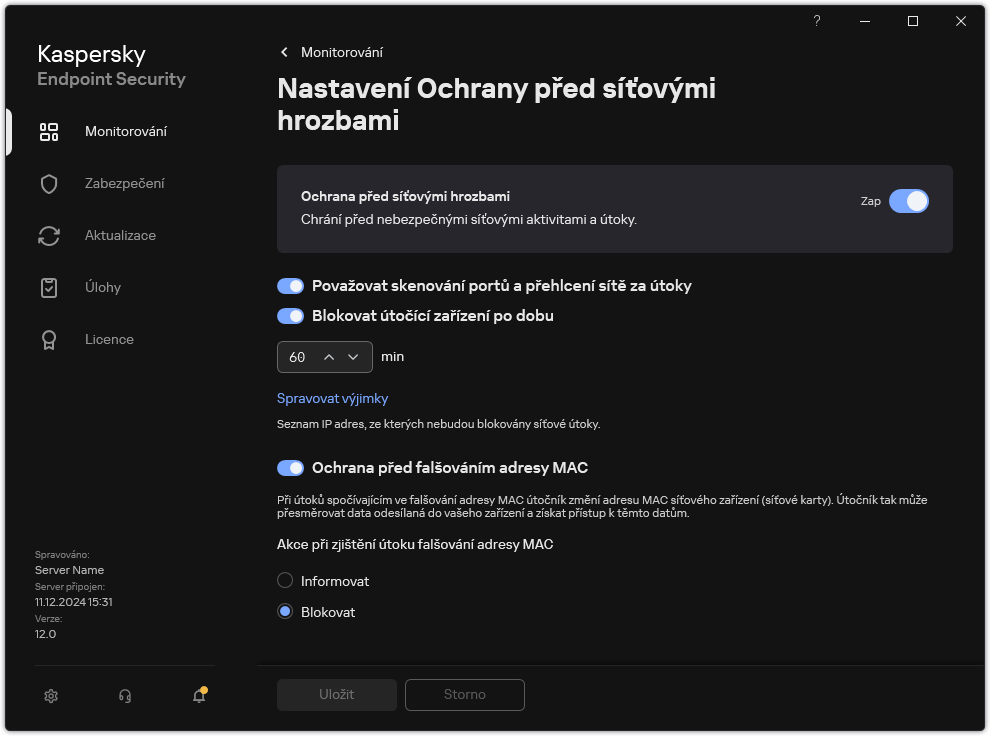 Okno nastavení součásti Ochrana před síťovými hrozbami