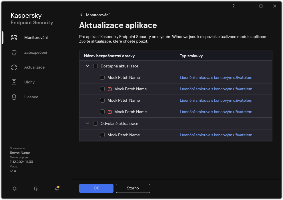 Okno se seznamem dostupných oprav. Uživatel si může vybrat opravy a přijmout smluvní podmínky.