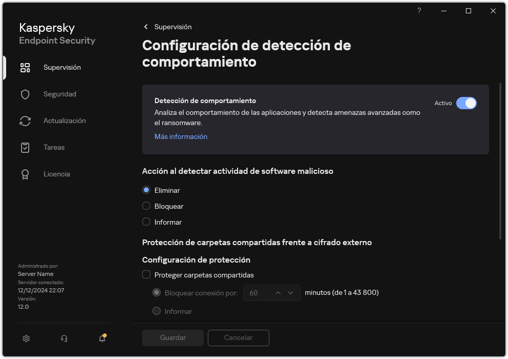 Ventana Configuración de detección de comportamiento.