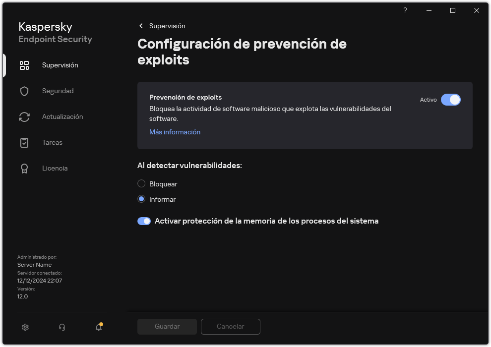 Ventana Configuración de Prevención de exploits