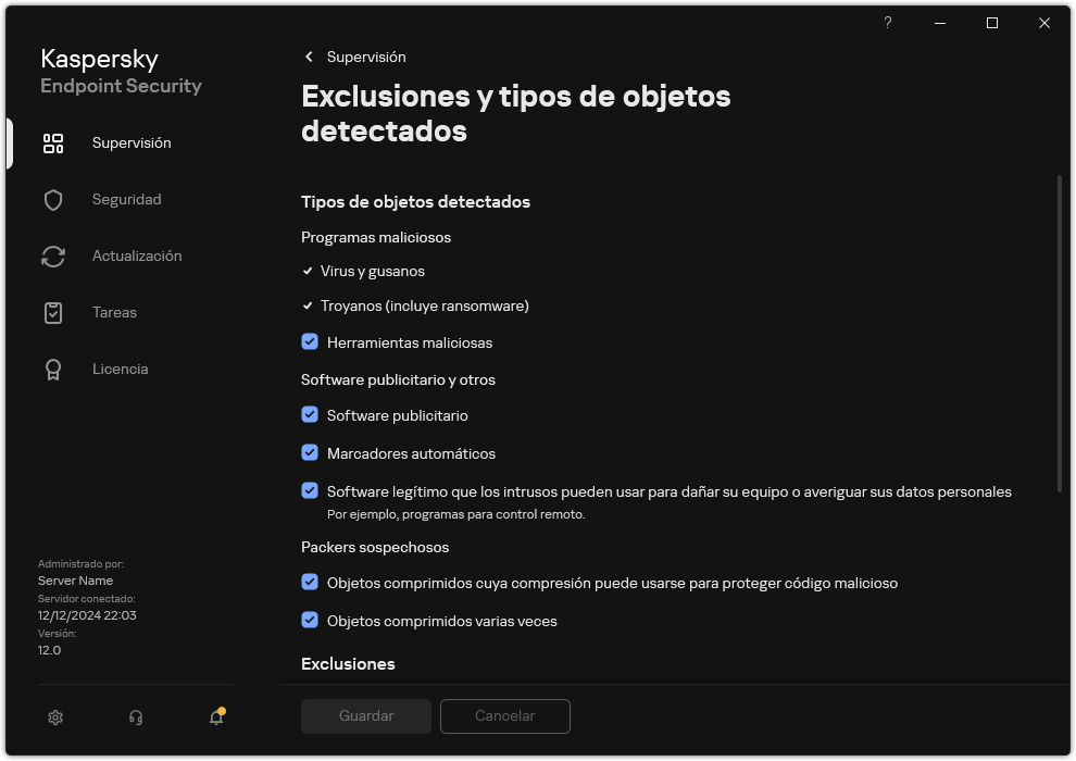 Ventana de configuración de exclusiones. El usuario puede seleccionar tipos de objetos detectados y añadir objetos a exclusiones.