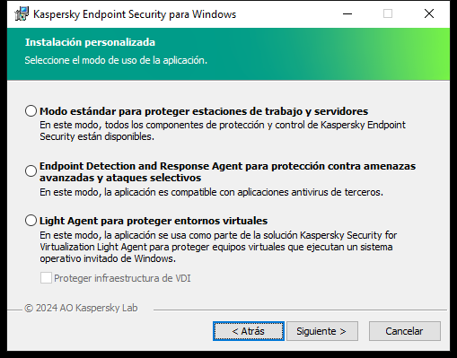 Ventana del instalador con la configuración de la aplicación: funcionalidad completa o Endpoint Detection and Response Agent.