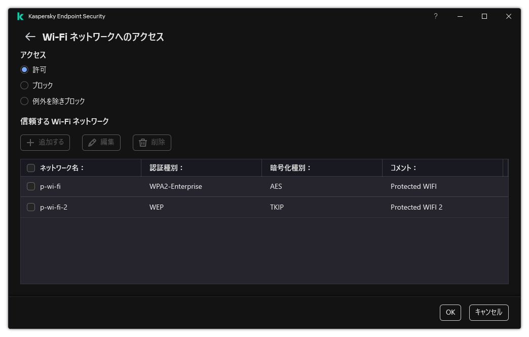 Wi-Fi ネットワークのリストのウィンドウ。ユーザーはすべての Wi-Fi ネットワークへのアクセスを設定でき、また信頼する Wi-Fi ネットワークを追加することができます。