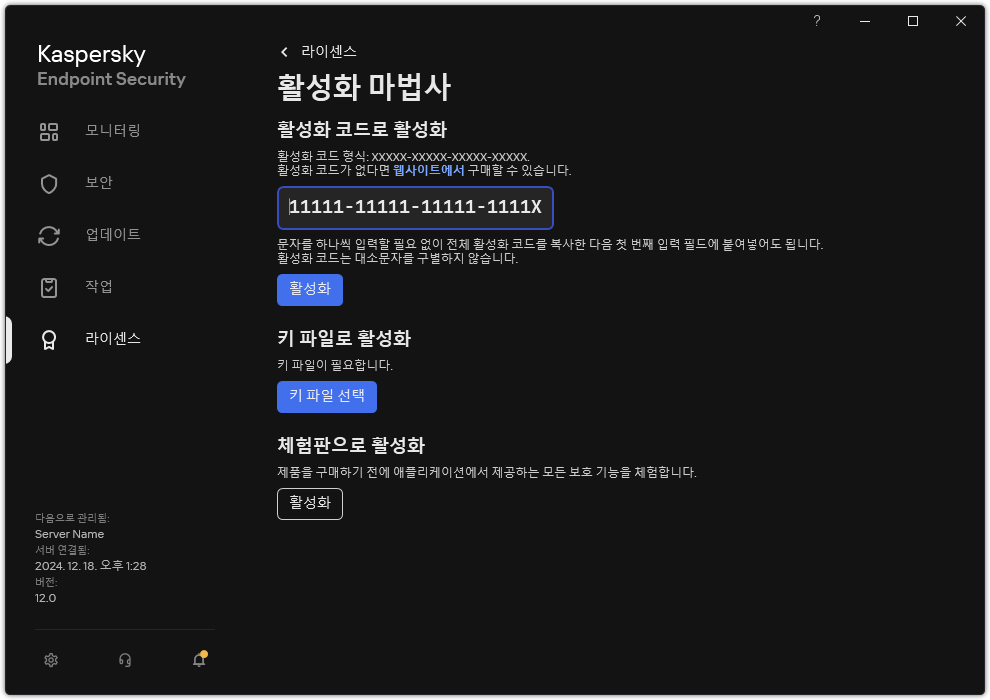 애플리케이션 활성화 도구가 있는 창. 활성화 코드를 입력하거나 키 파일을 선택할 수 있습니다.