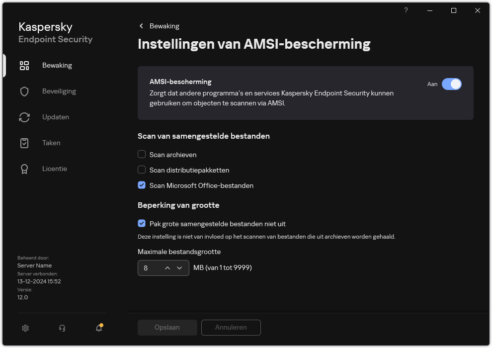 Venster voor instellingen van AMSI-bescherming