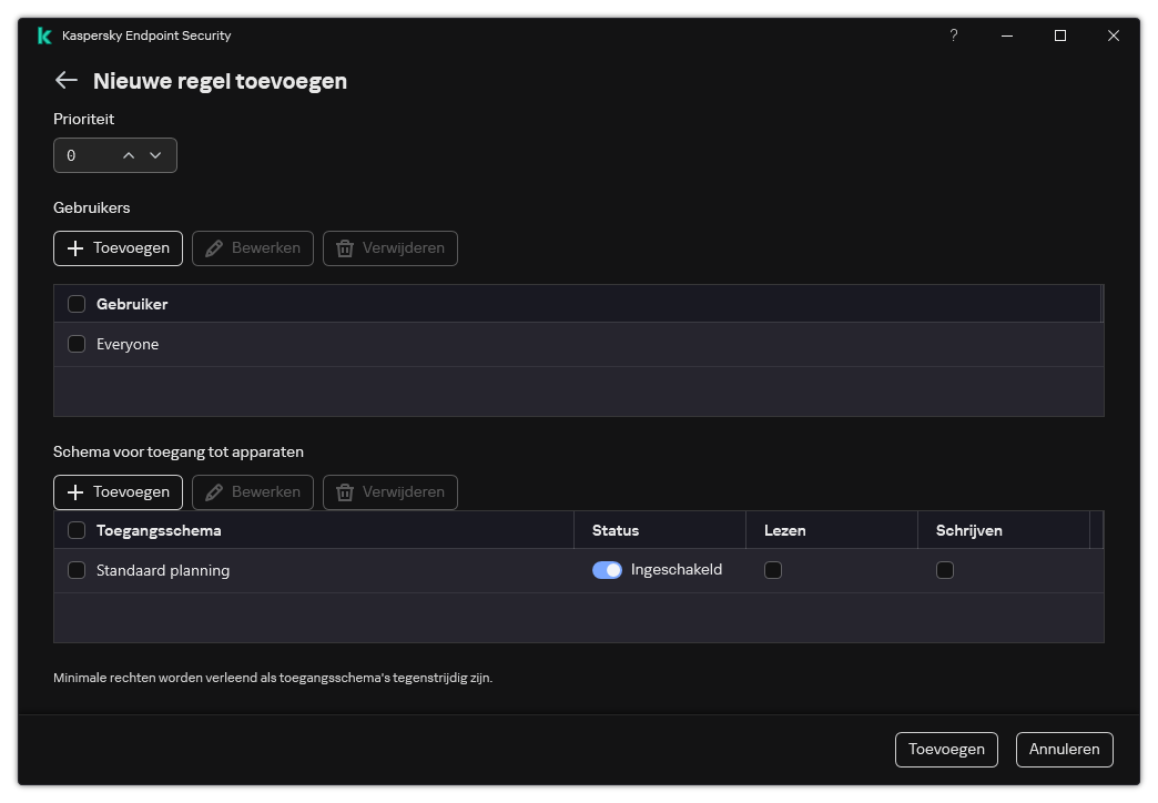 Venster configuratie regel apparaatcontrole De gebruiker kan de regelprioriteit toewijzen, gebruikers aan de regel toevoegen en de regelplanning instellen.