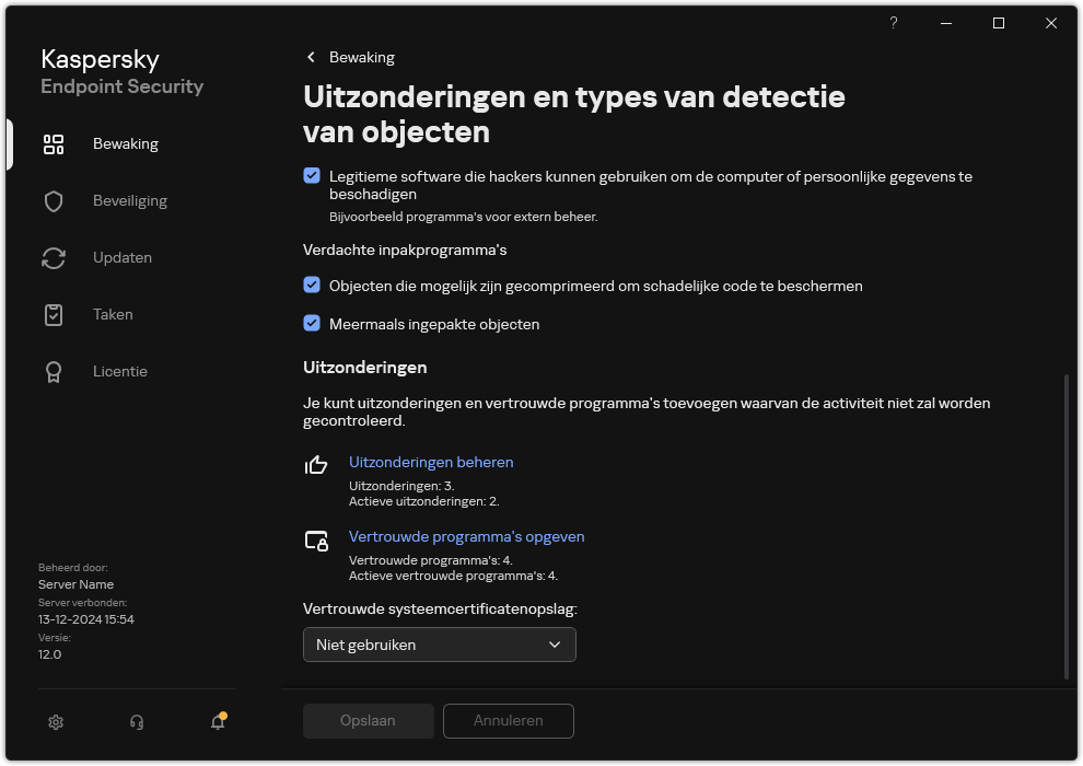 Venster instellingen voor uitzonderingen. De gebruiker kan uitzonderingen en vertrouwde programma's toevoegen.