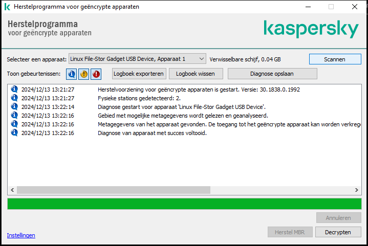 Een venster met de lijst met hulpprogrammagebeurtenissen. De gebruiker kan diagnose uitvoeren en het geselecteerde apparaat decoderen.