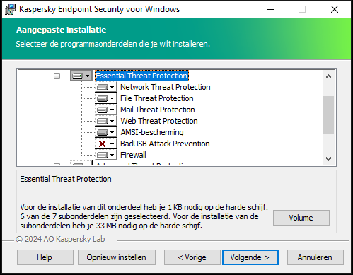 Installatievenster met een lijst componenten die een gebruiker kan selecteren.