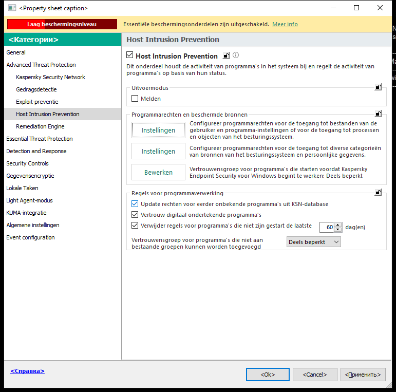 Venster Instellingen van Inbraakpreventie.