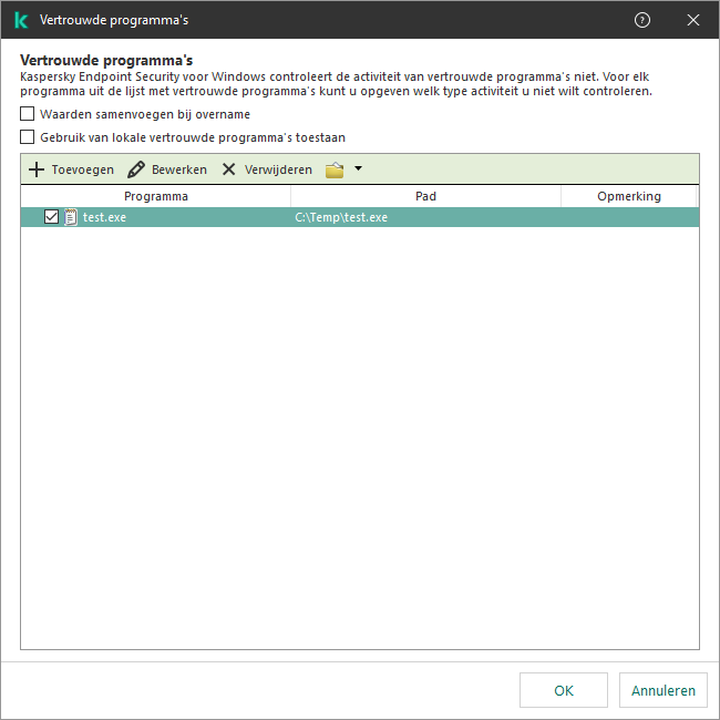Een venster met de lijst met vertrouwde programma's. De gebruiker kan een vertrouwd programma toevoegen, bewerken of verwijderen.