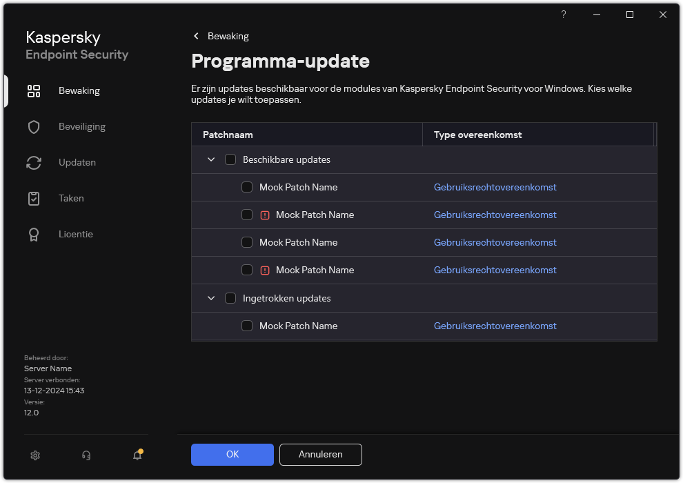 Venster met een lijst met beschikbare patches. De gebruiker kan patches selecteren en de algemene voorwaarden van de overeenkomsten accepteren.