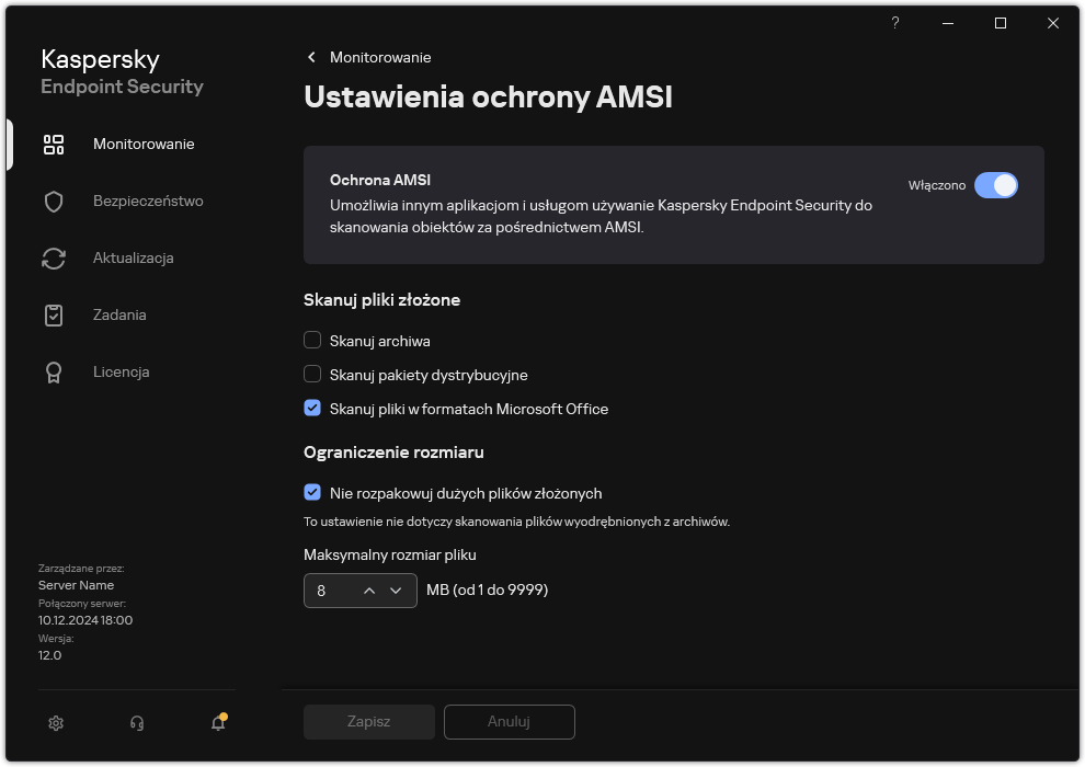 Okno Ustawienia ochrony AMSI.