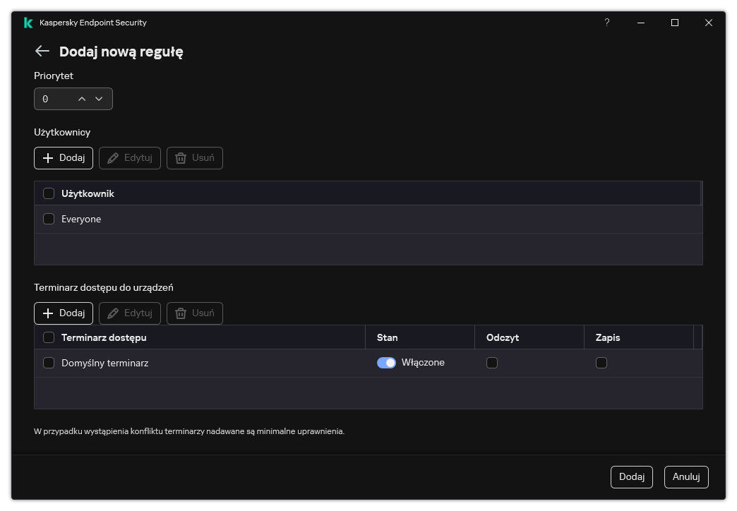 Okno konfiguracji reguły Kontrola urządzeń. Użytkownik może przypisać priorytet reguły, dodać użytkowników do reguły i ustawić terminarz reguły.