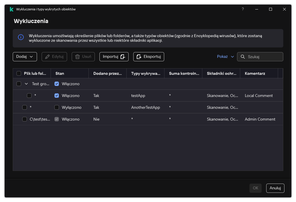 Okno z listą wykluczeń. Wyświetlane są właściwości wykluczenia. Użytkownik może dodawać, edytować lub usuwać wykluczenia.