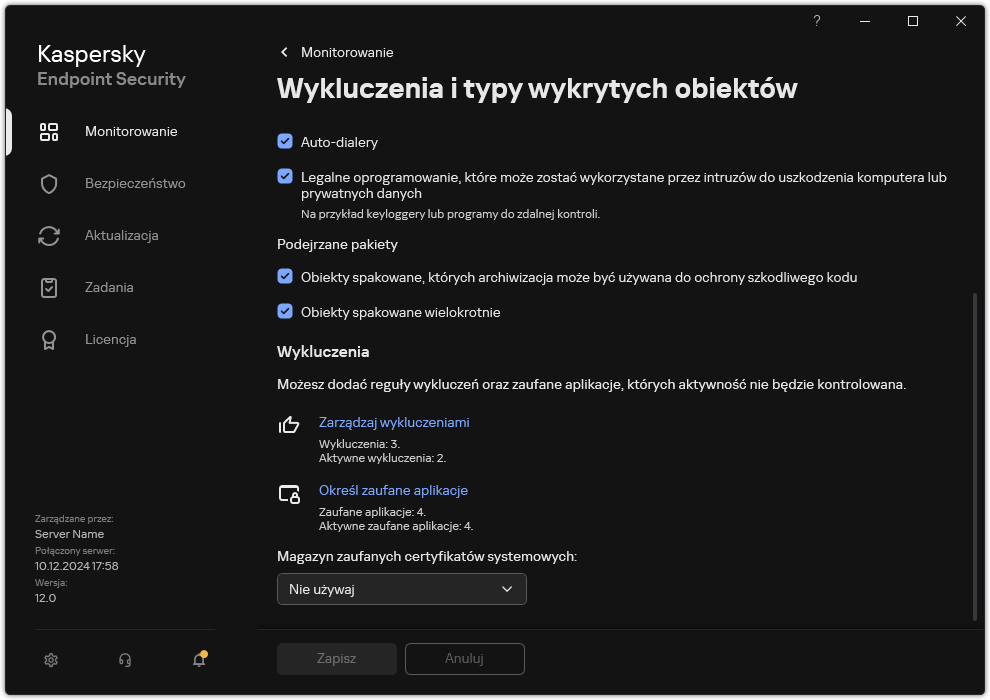 Okno ustawień wykluczeń. Użytkownik może dodawać wykluczenia i zaufane aplikacje.