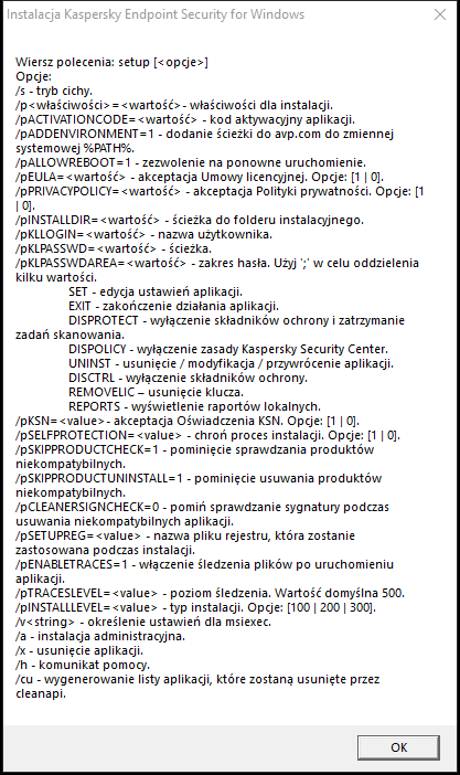 Okno podpowiedzi opisujące opcje poleceń umożliwiające instalację aplikacji za pomocą wiersza poleceń.