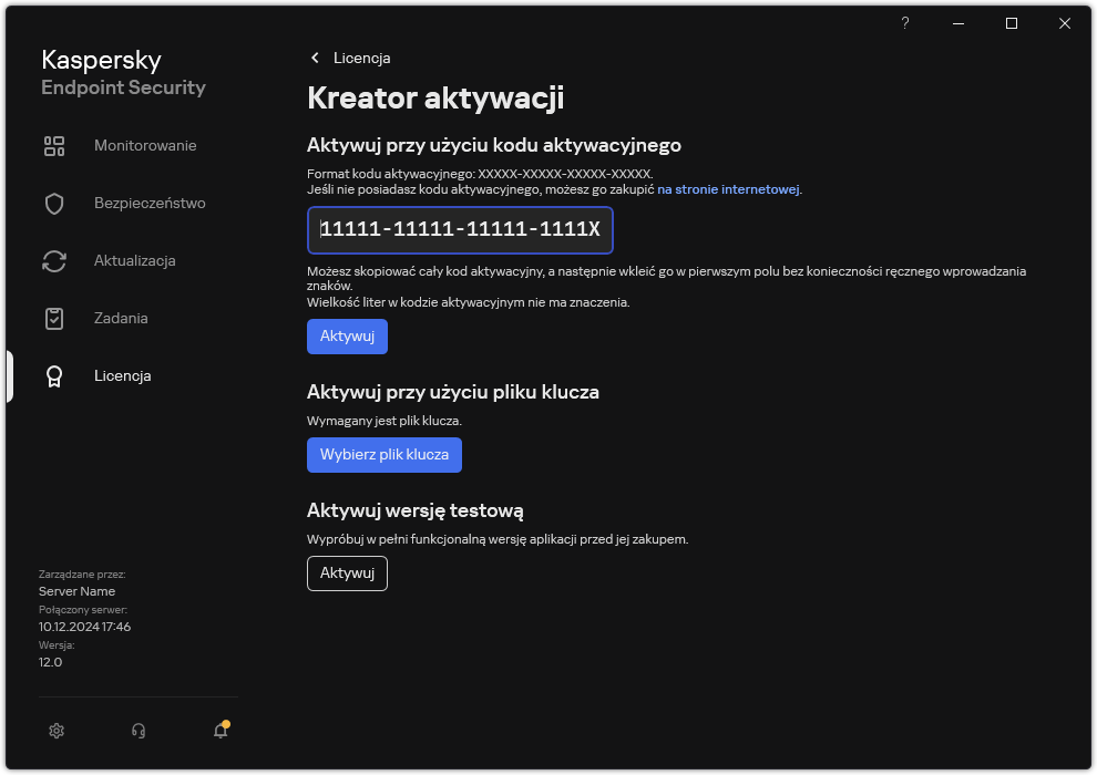 Okno z narzędziami aktywacji aplikacji. Użytkownik może wprowadzić kod aktywacyjny lub wybrać plik klucza.