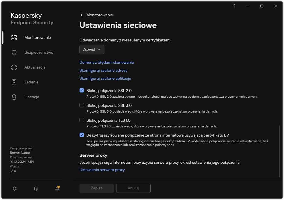 Okno ustawień sieciowych aplikacji.