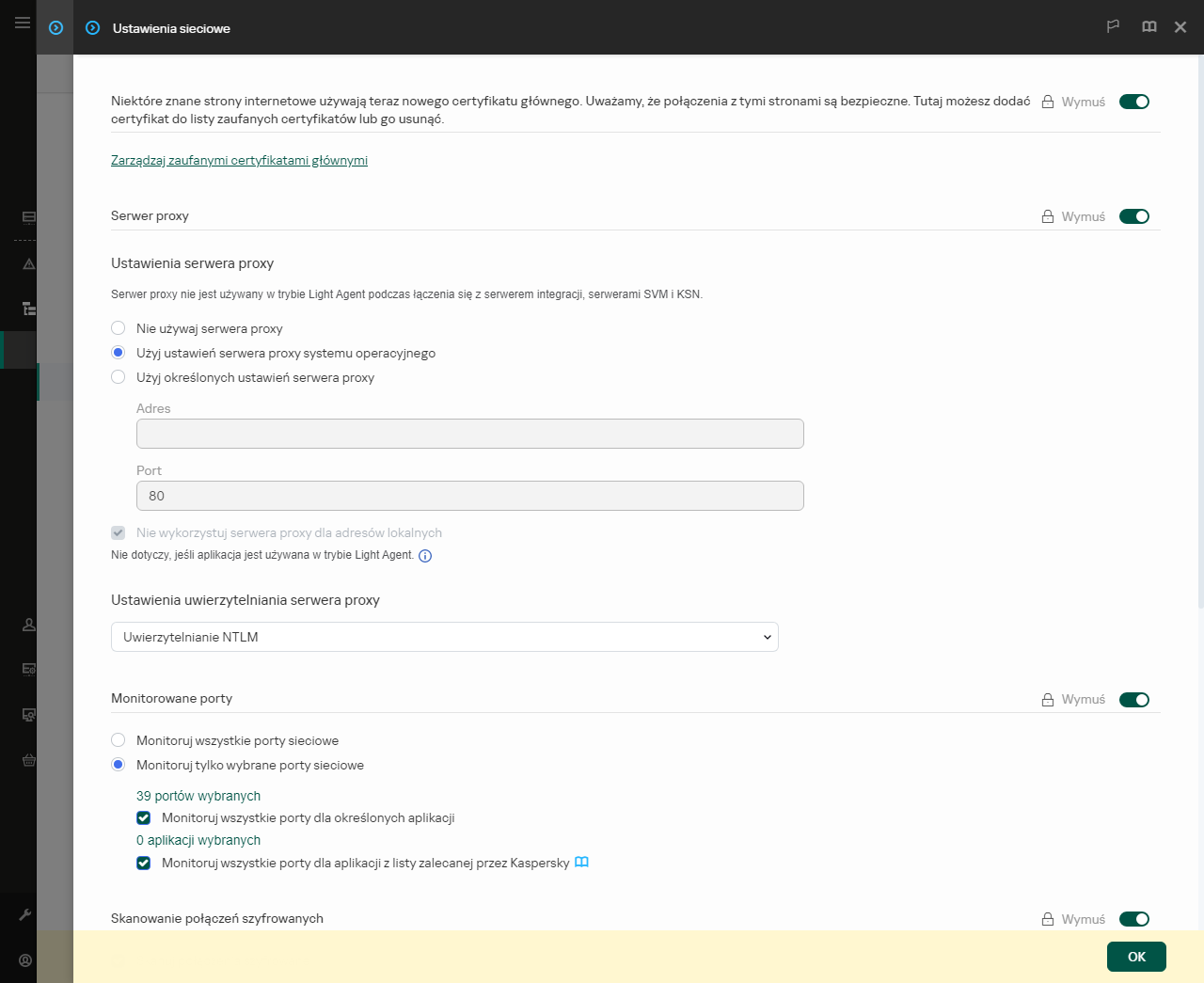 Okno ustawień sieciowych aplikacji. Użytkownik może skonfigurować ustawienia serwera proxy.