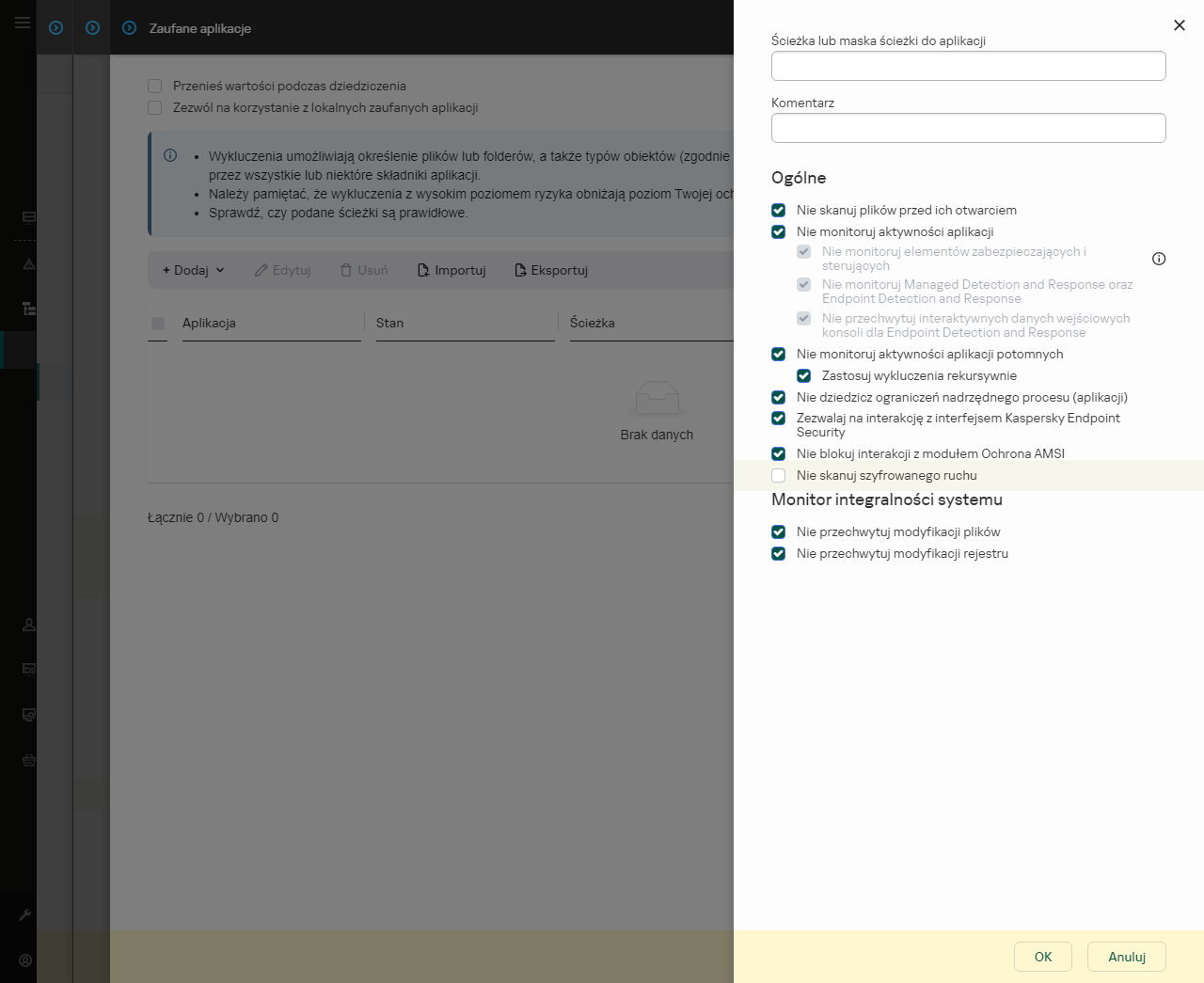 Okno z polem do wpisania ścieżki do zaufanej aplikacji. Można używać masek.