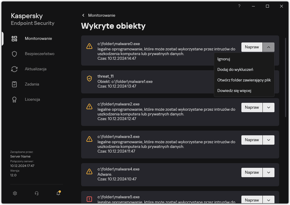 Okno z listą wykrytych obiektów. Wyświetlane są informacje o obiekcie. Użytkownik może rozwiązać lub usunąć obiekt.