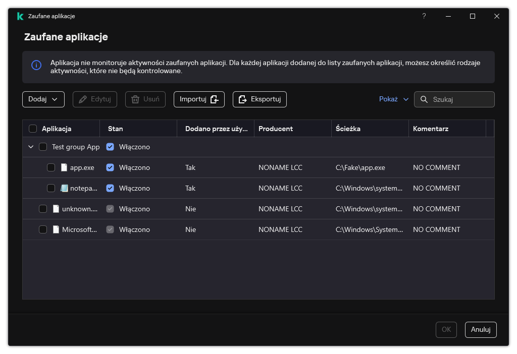 Okno z listą zaufanych aplikacji. Użytkownik może dodawać, edytować lub usuwać zaufaną aplikację.