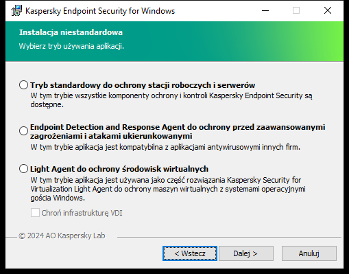 Okno instalatora umożliwiające konfigurację aplikacji: pełna funkcjonalność lub Endpoint Detection and Response Agent.