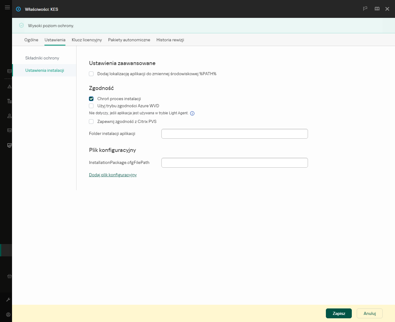 Okno właściwości pakietu instalacyjnego. Możesz skonfigurować instalację aplikacji.