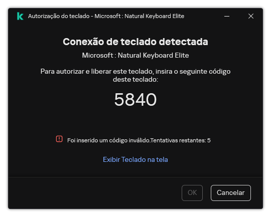 A janela com o código de autorização do teclado. O usuário pode ativar o teclado na tela e inserir o código.