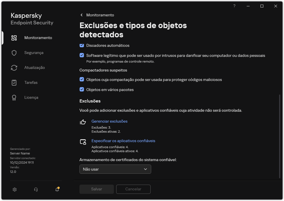 Janela Configurações de exclusão. O usuário pode adicionar exclusões e aplicativos confiáveis.