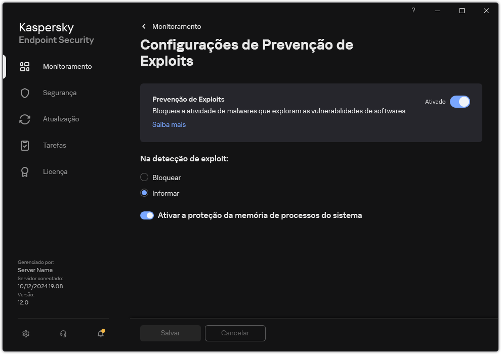 Janela Configurações de prevenção de exploit