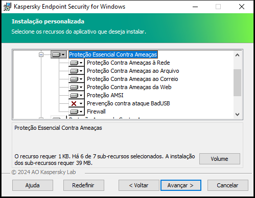 Janela do instalador com uma lista de componentes que podem ser selecionados pelo usuário.