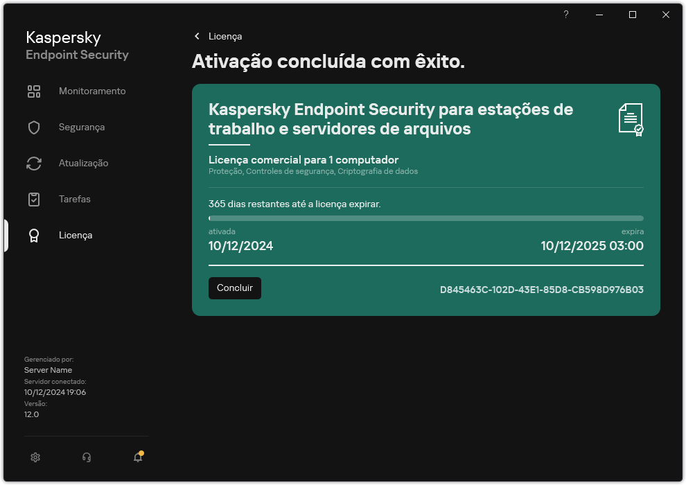 A janela contém informações sobre a licença: data de vencimento, funções disponíveis e outras informações.