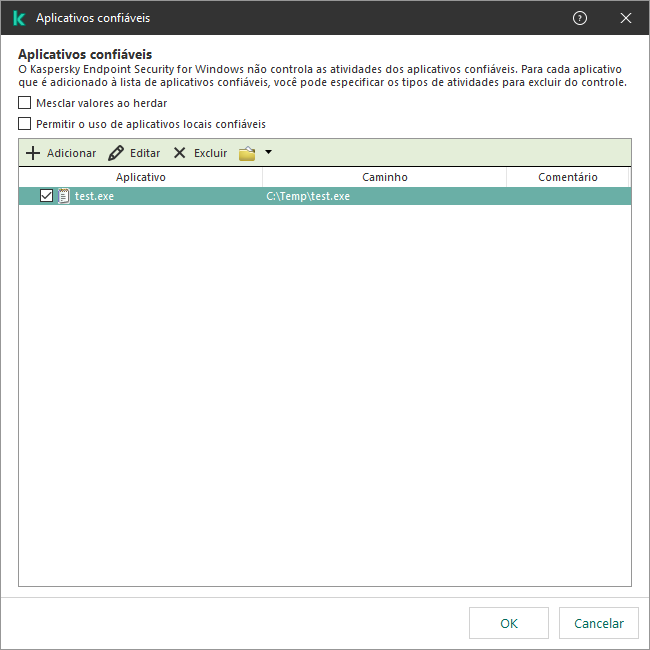 Uma janela com a lista de aplicativos confiáveis. O usuário pode adicionar, editar ou remover um aplicativo confiável.