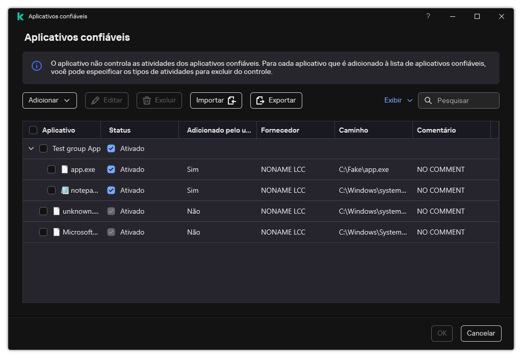 Uma janela com a lista de aplicativos confiáveis. O usuário pode adicionar, editar ou remover um aplicativo confiável.
