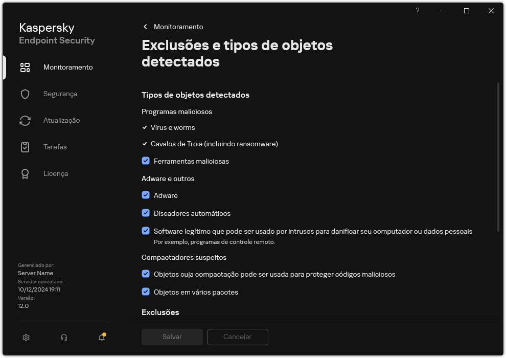 Janela Configurações de exclusão. O usuário pode selecionar os tipos de objetos detectados e adicionar objetos às exclusões.