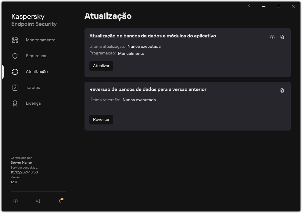 Uma janela com a lista de tarefas de atualização local. O usuário pode iniciar a atualização dos bancos de dados e módulos do aplicativo, assim como reverter a última atualização.