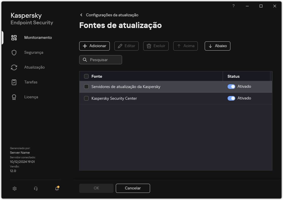 Uma janela com a lista de fontes de atualização. O usuário pode adicionar fontes de atualização e atribuir uma prioridade à fonte.