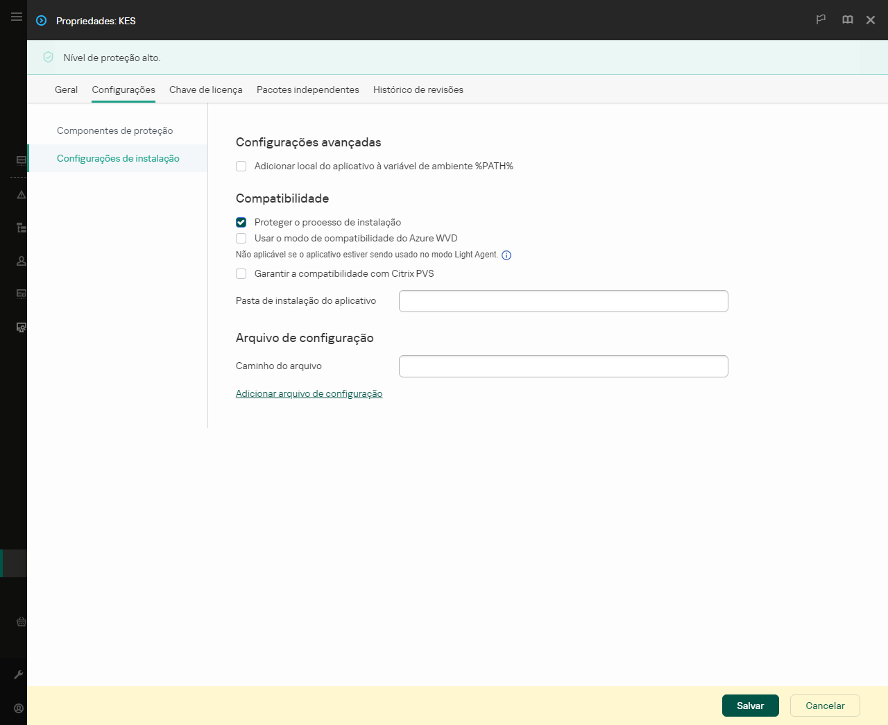 Janela de propriedades do pacote de instalação. É possível definir as configurações da interface do aplicativo.