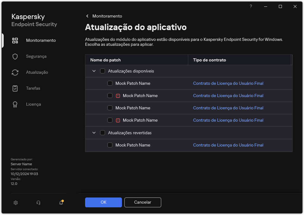 Janela com uma lista de patches disponíveis. O usuário pode selecionar patches e aceitar os termos e condições dos contratos.