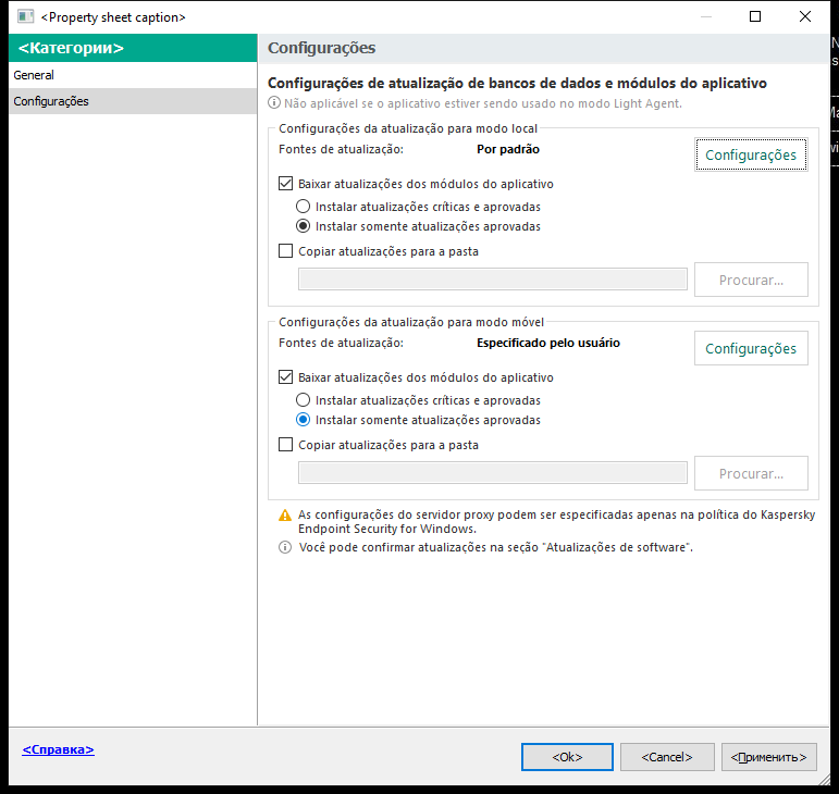 A janela Configurações da tarefa da atualização. O usuário pode configurar a atualização nos modos local e móvel.